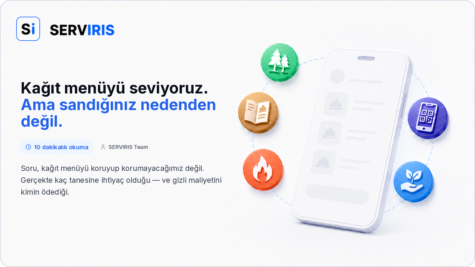 Restoran masasında SERVIRIS dijital QR menünün yanında bir kağıt menü