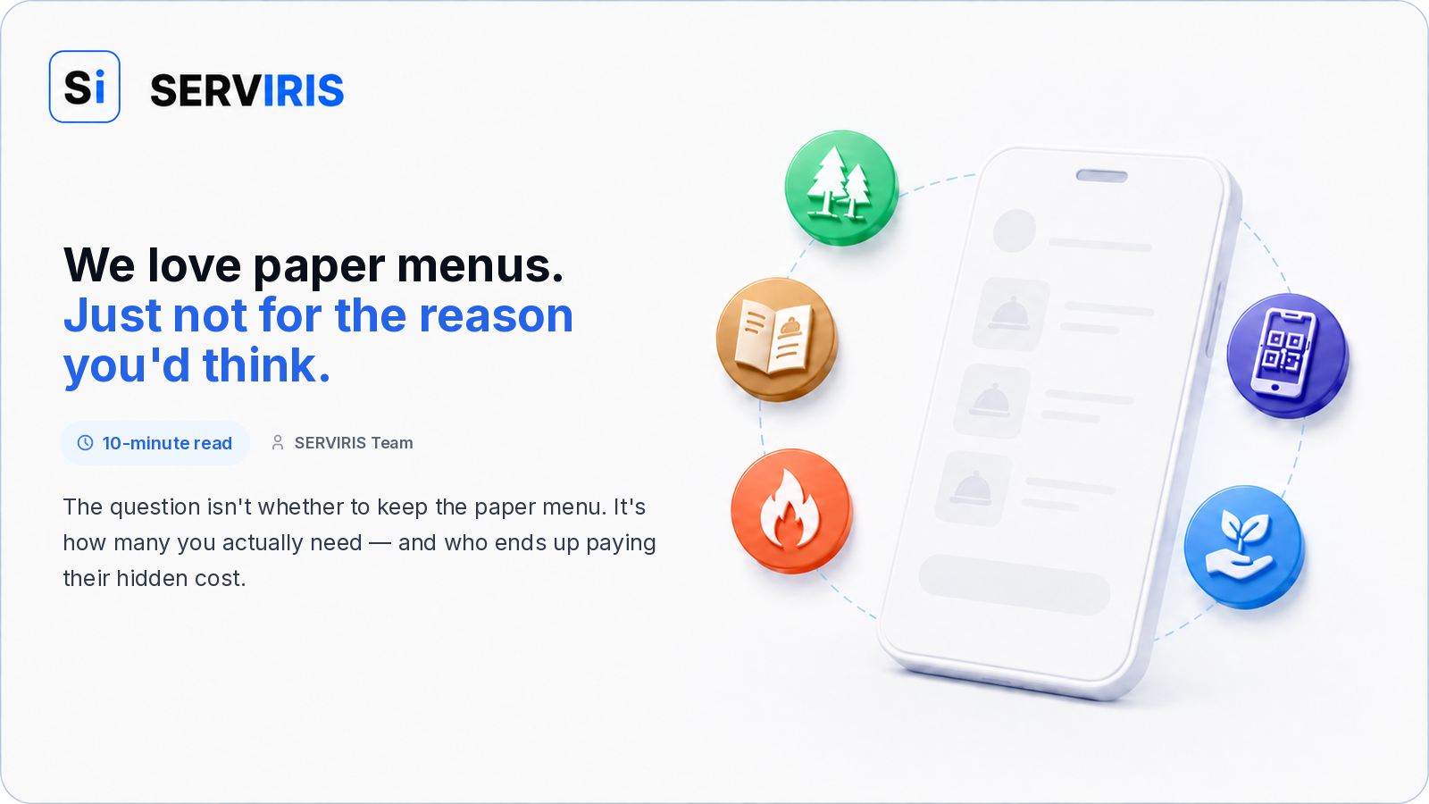 A paper menu beside a SERVIRIS QR digital menu on a restaurant table