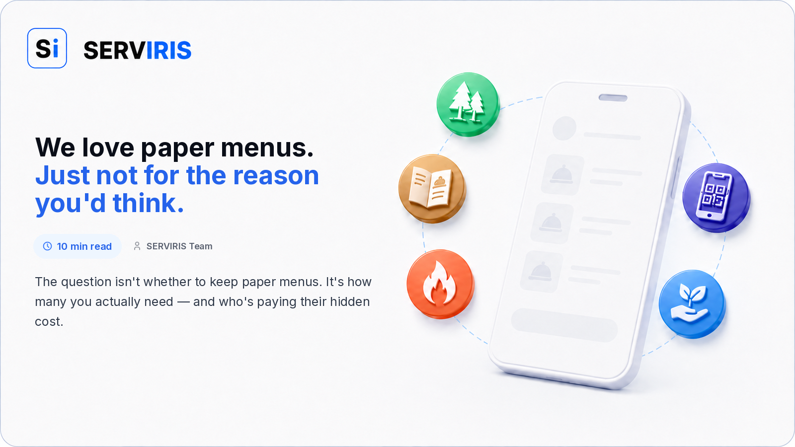 A paper menu next to a SERVIRIS QR digital menu on a restaurant table